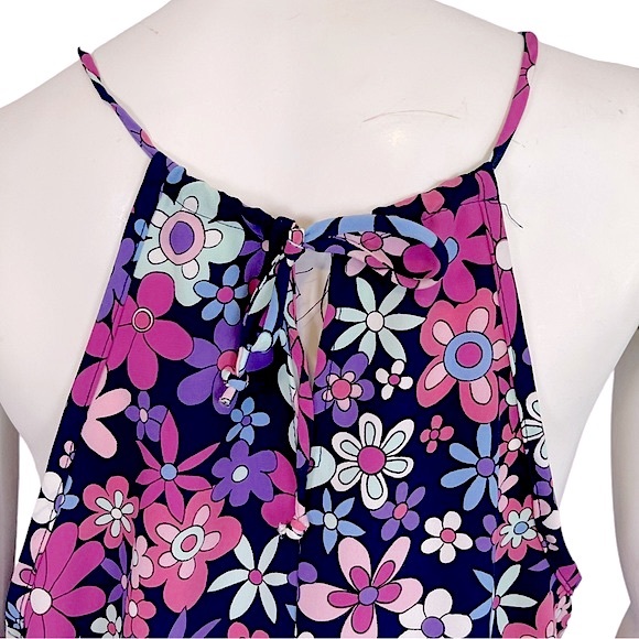 VINTAGE Y2K Mod Pink Purple Flower Power Print Drawstring Mini Dress - Picture 5 of 7